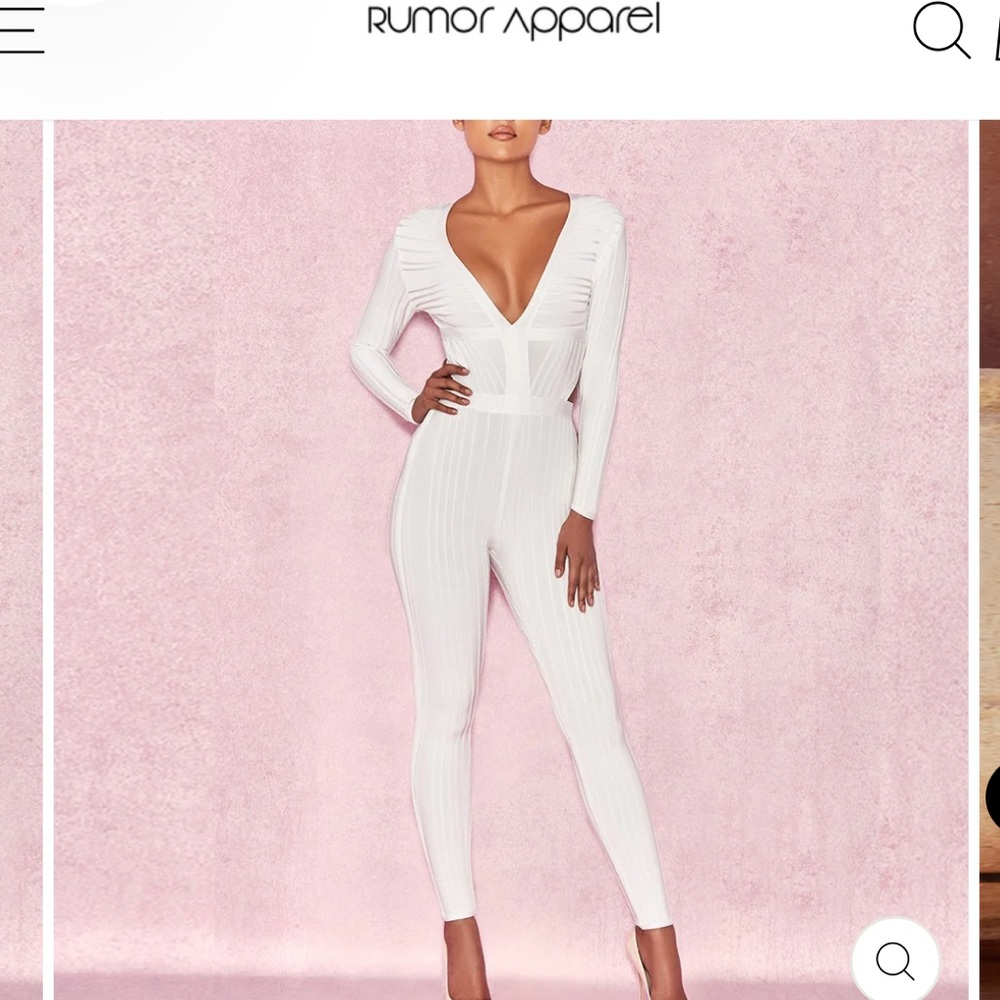 Rumor Apparel LONG SLEEVE PLUNGE NECK WHITE BANDAGE JUMPSUIT.